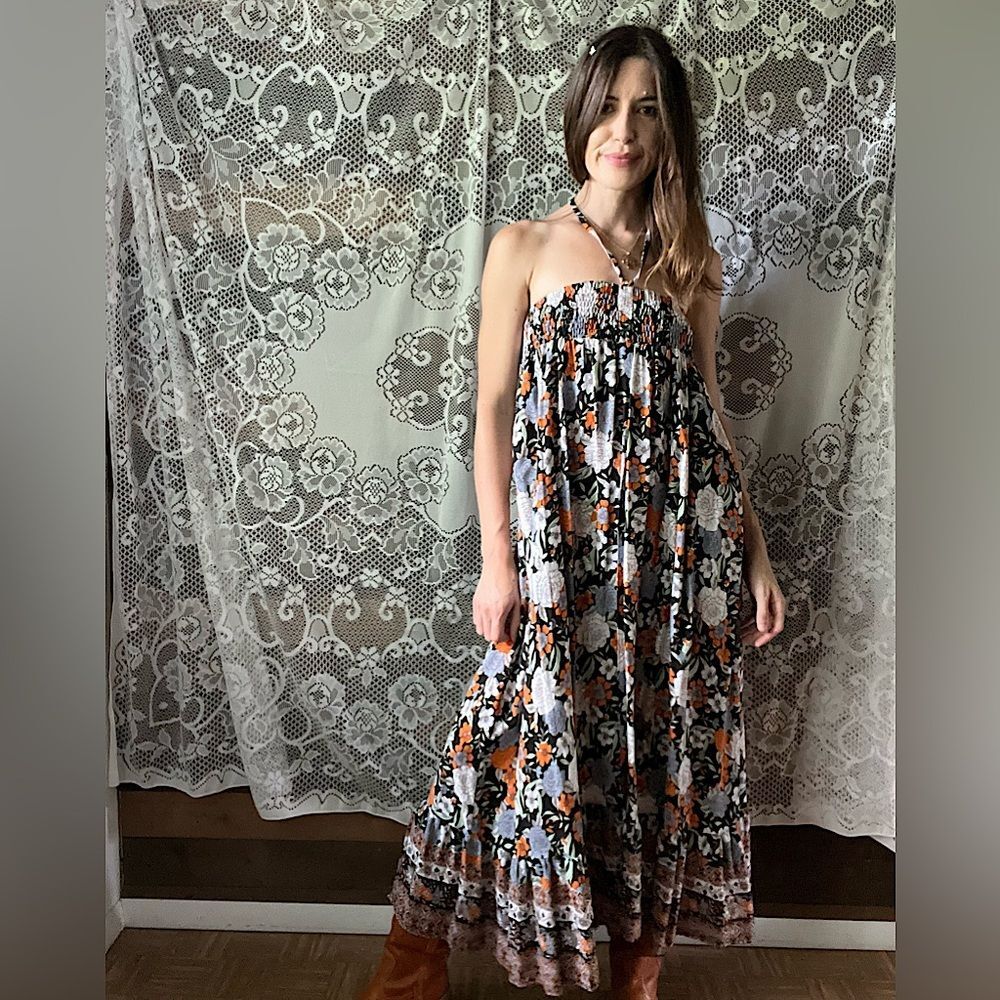 Modern Bloomchic Smocked Black Orange Green Halter Cottagecore Maxi Dress